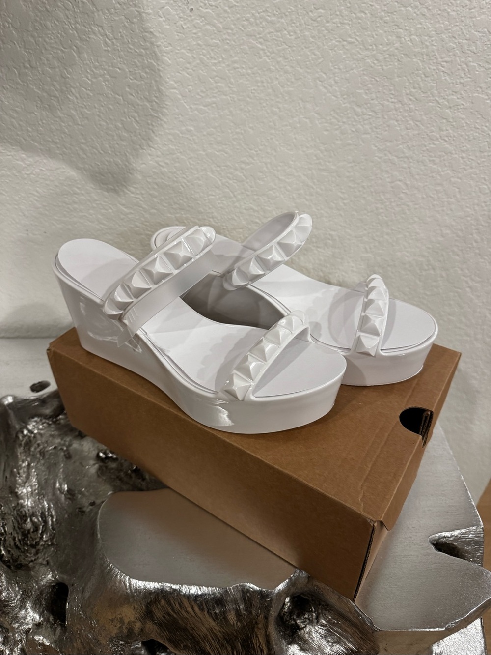 White Studded Patent Wedge Slide Sandals - Women's - Picture 4 of 9
